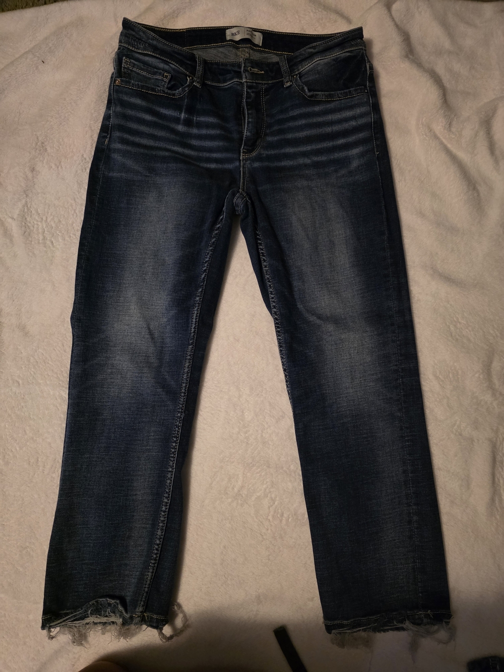 BKE Dark Blue Ankle-Length Straight Jeans with Frayed Hem